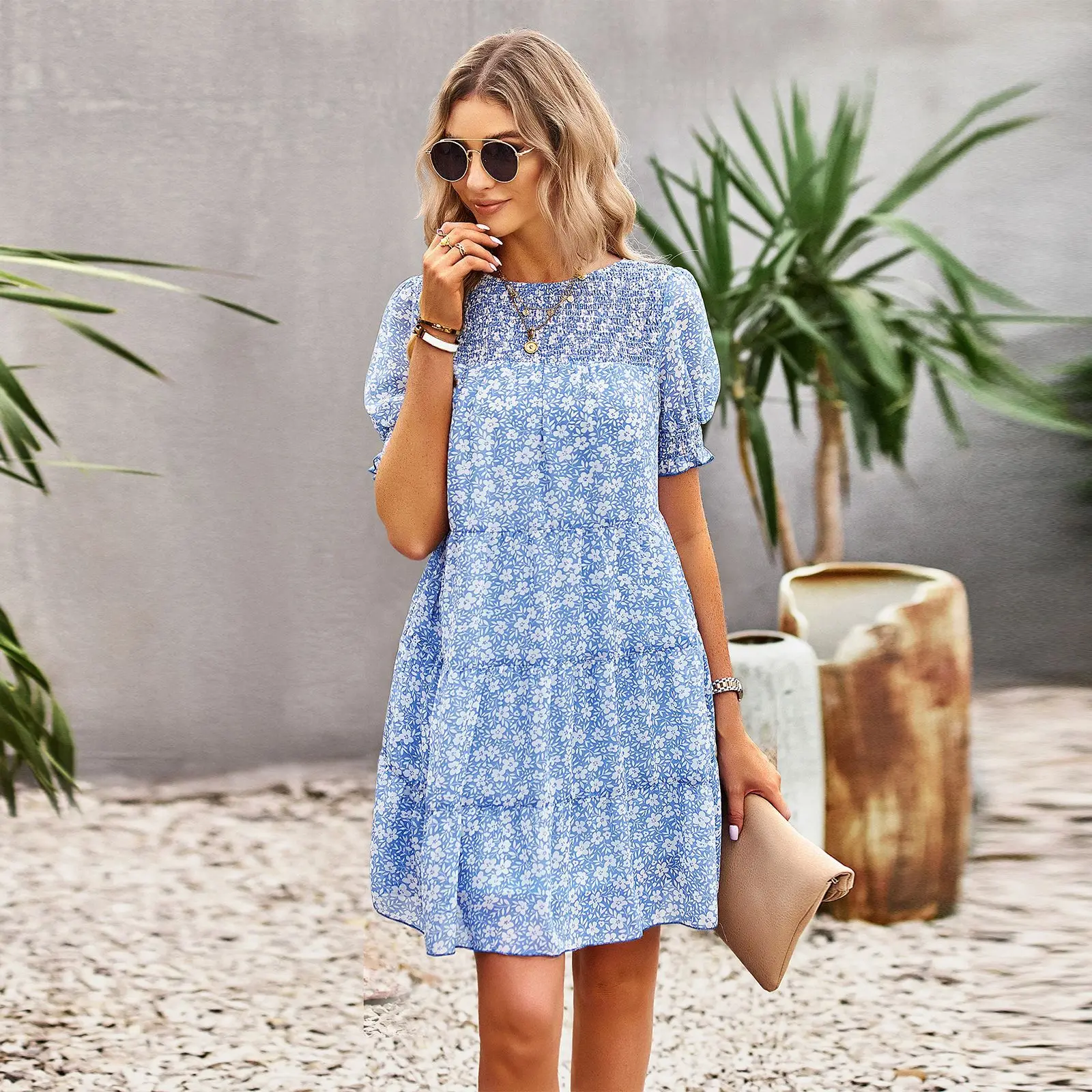 

Women Dresses Summer Fashion O-neck Print Flower Elastic Waist Patchwork Elegant Temperament Casual Short Dresss