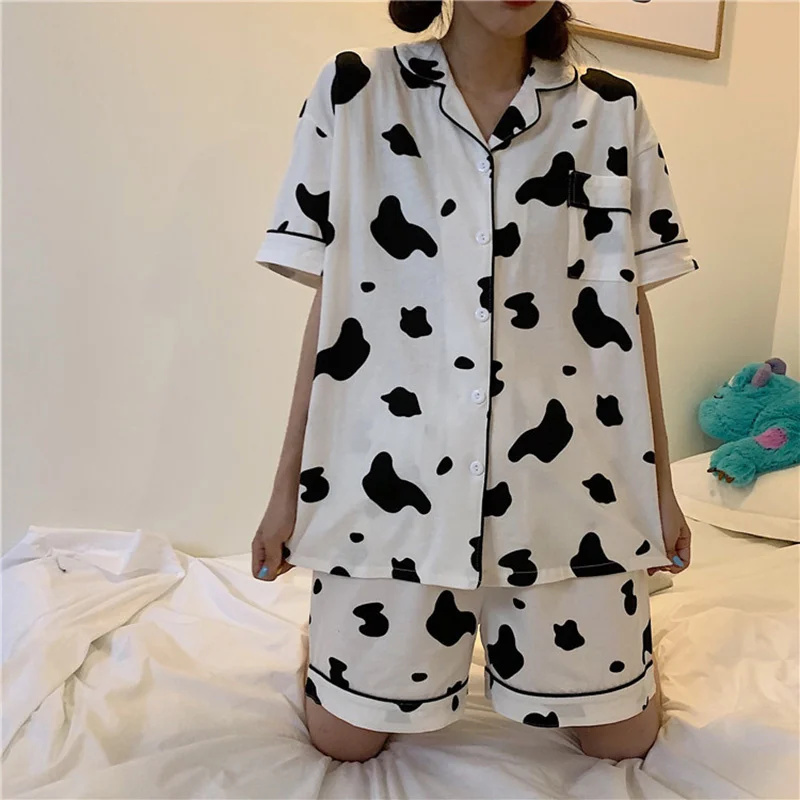 

2023 Women's Pajamas Summer Spring Milk Silk Cow Print Lapel Cardigan Short and Long Sleeve Two-Piece Sweet Casual Female's Home