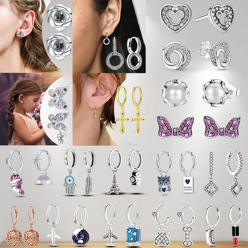 

2022 Brand New 925 Silver Earrings Unicorn Double Hoop Earring Original Rose Butterfly Owl Round Women's Stud Earrings Gift