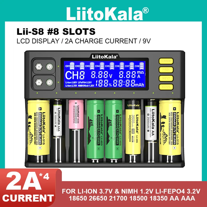 

Зарядное устройство Liitokala Lii-S8 Lii-600 Lii-500 Lii-202 3,7 V, Зарядка 18650 18350 21700 26650 AA Ni-MH и литиевых батарей