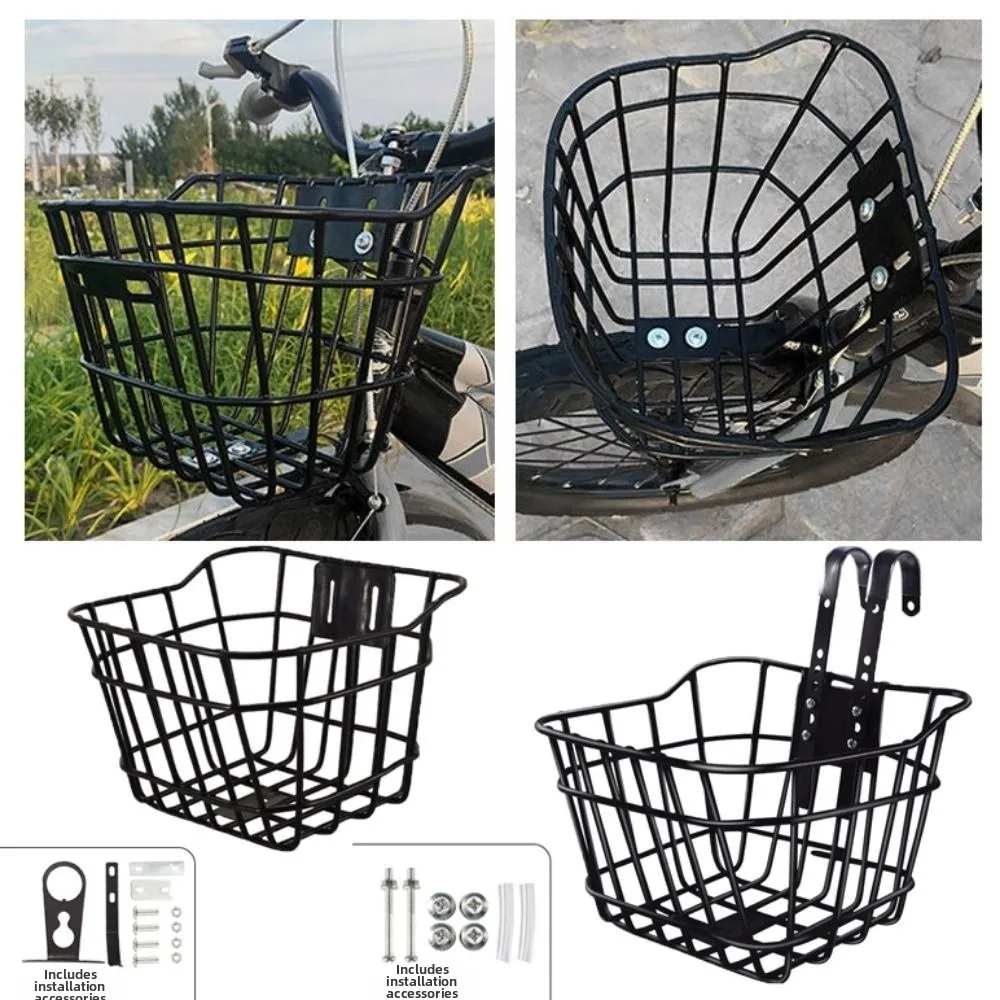 Фото Новая черная металлическая корзина для велосипеда 19*23*14 см, передняя подвесная декоративная корзина для велосипеда №2