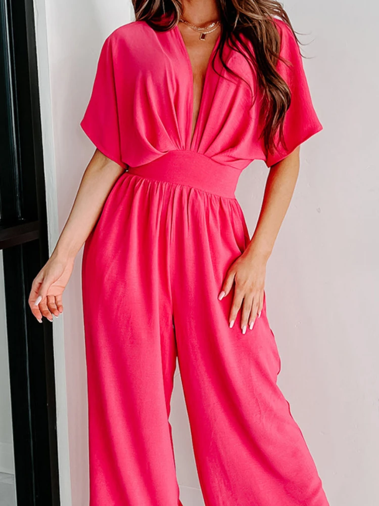 

Summer women's 2023 solid color V-neck bat-sleeve waist loose wide-leg jumpsuit