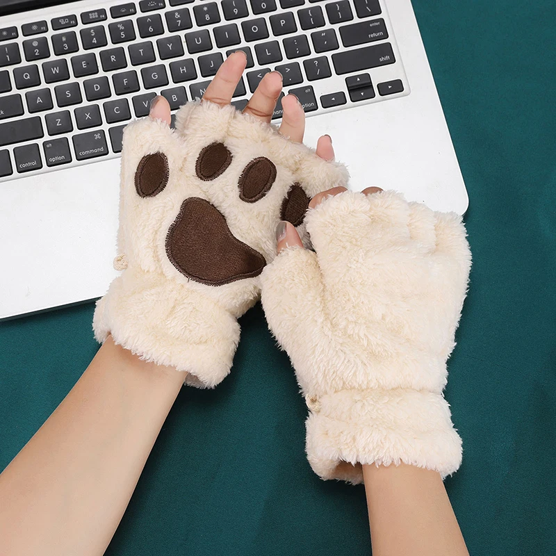 

Cartoon Cat Claw Gloves for Women Girls Thickened Plush Lovely Style Bear Paw Exposed Fingers Half Finger Winter Warm Gloves