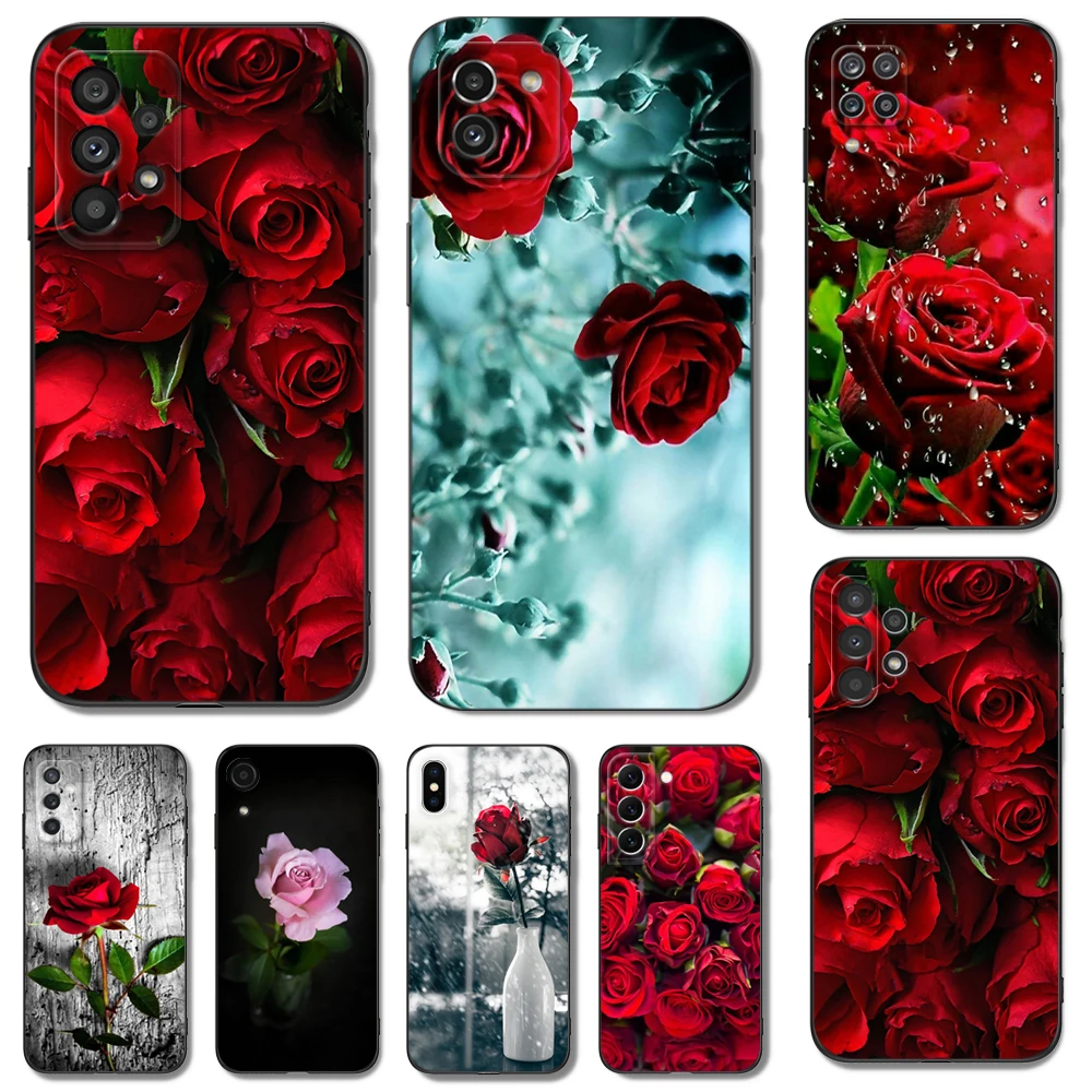 

Black tpu Case For Samsung galaxy M53 M13 M62 A12 A22 A22S A32 A42 A52 A52S A72 4g 5g A20S Bright Red Rose Flowers