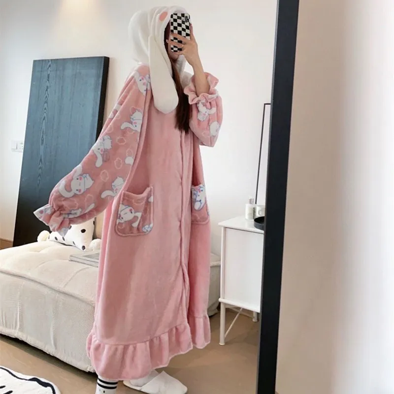 

Autumn Winter New Coral Velvet Cartoon Hooded Nightgowns Sleepwear Loose Casual Nightclothes Women Warm Flannel Homedress