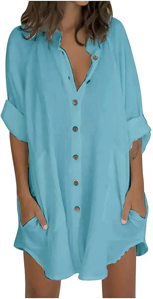 Women's Cotton Linen Nigthdress Single Breasted Summer Thin Ladies Home Dress Solid Comfortable Homewear Nightgown For Female