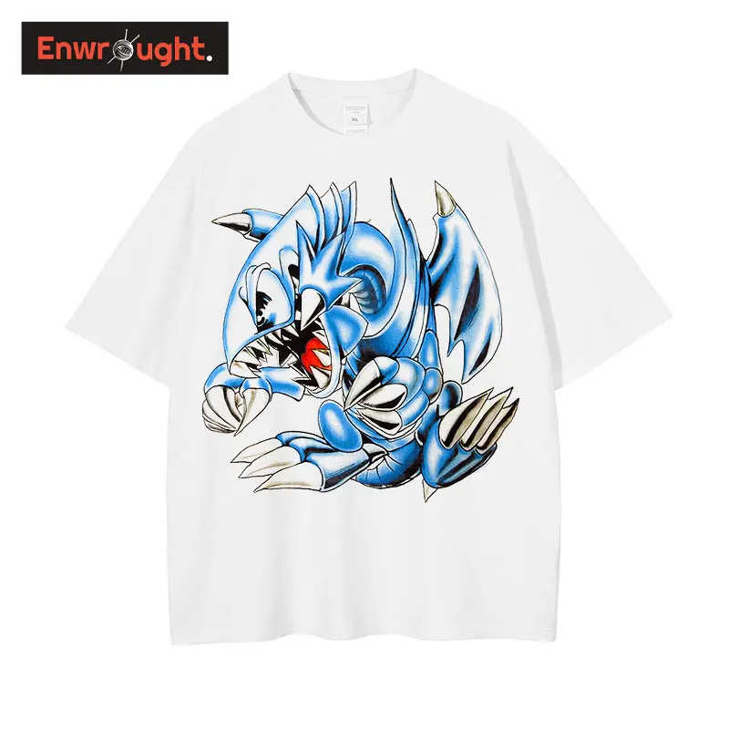 Camiseta informal de Anime para hombres, camisa con estampado de dragón blanco y ojos azules Harajuku, ropa de calle de verano, 100% algodón, Yu Gi Oh