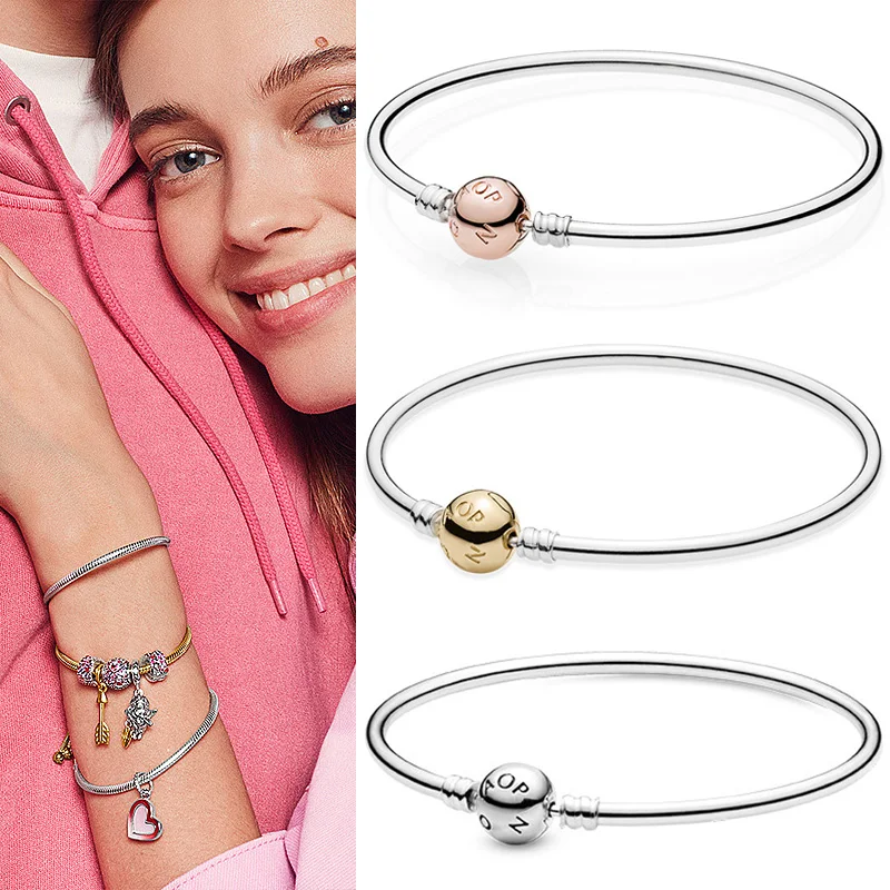 

100% 925 брелок Silver Pan Bracelet Rose Gold Round Clasp Pan Bracelet Fit European Charm Bracelets Women Jewelry