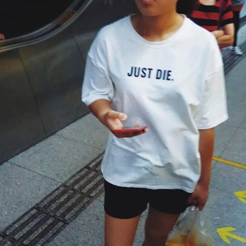 

Just Die Letter Print Women T-shirt Cotton Goth Y2k 2000s Grunge Clothes Harajuku O Neck Aesthetic T Shirts Lady Fashion Tops