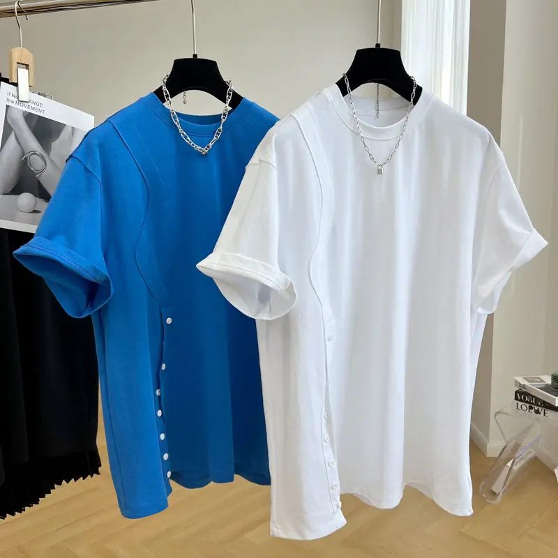 

Футболка женская с коротким рукавом и круглым вырезом, нишевая повседневная майка из сплит-хлопка, Свободный Топ с рукавом до локтя, на лето