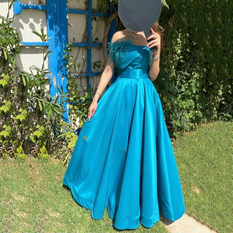 

AGLEAElegant Blue A-Line Evening Dresses Strapless New Arrive Prom Dress Sleeveless Feather Saudi Arabia Party Gowns Custom Size