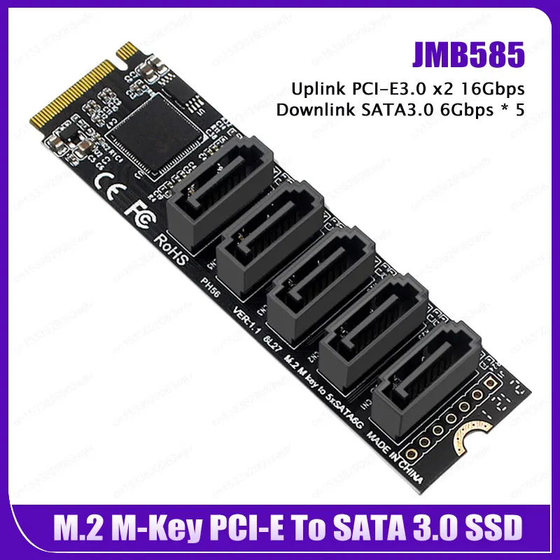 Переходная карта M.2 Key JMB585 для NVME конвертер с кабелем SATAIII SATA 3,0 M.2 PCIe 3,0 на 5 портов SATA III 6G SSD адаптер карта