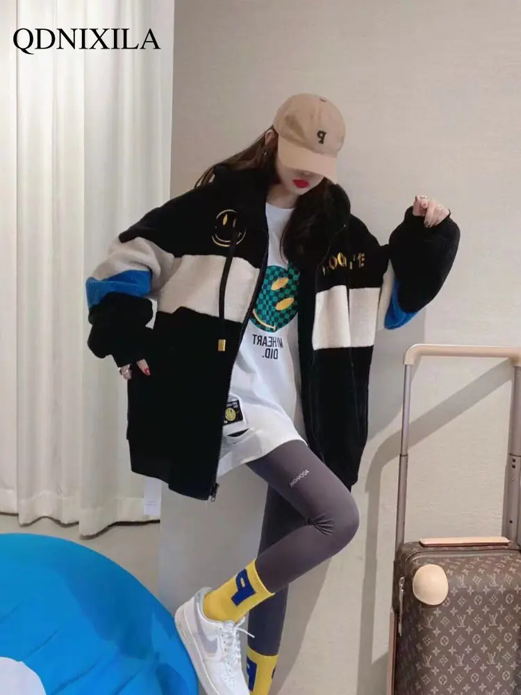 Winter Jacket Women 2022 Korean Fashion Embroidery Thickened Hooded Wool Clip Cotton Faux Fur Coat Women New In External Clothes