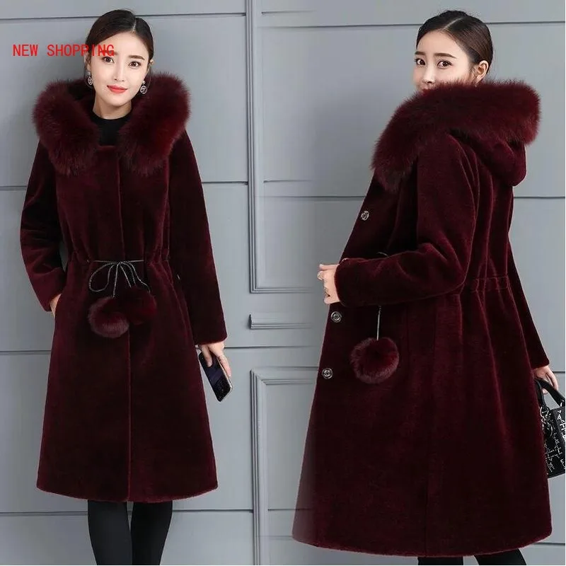 Luxurious Mid Length Faux Fur Coat Women Hooded Mink Cashmere Slim Fit Solid Long Sleeve Warm Single Breasted Noble Fur Coats