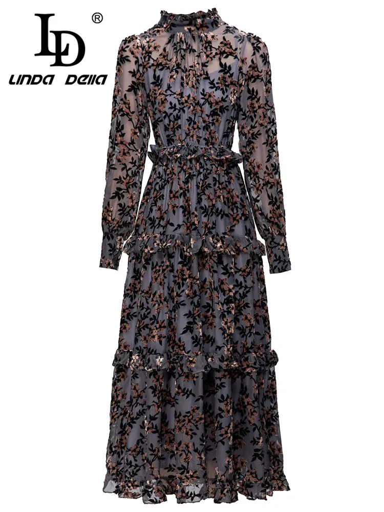 

LD LINDA DELLA 2023 Fashion Designer Elegant Party Dress Women Flower Color High Waist Print Transparent Splice Slim Fit Dress