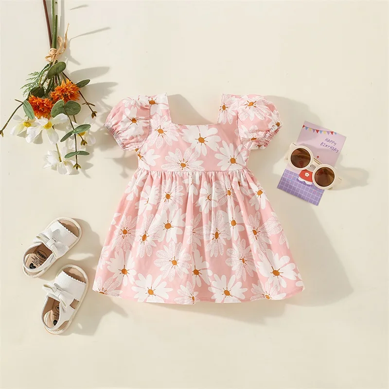 

0-3Years Toddler Baby Girls Summer Dress Short Sleeve Square Neck Flower Print Bowknot A-line Clothes