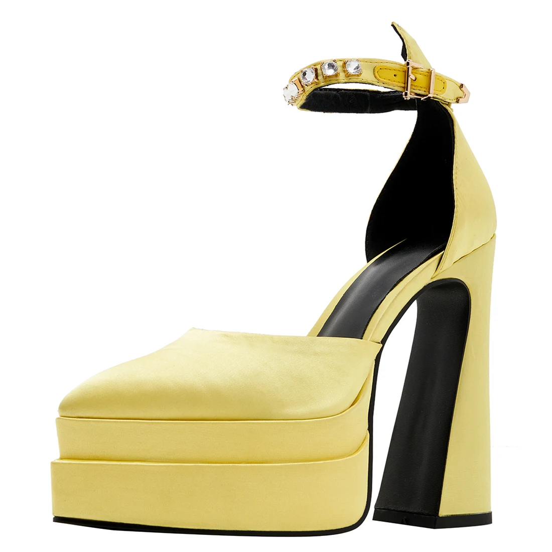 

Summer Close Toe Ankle Strap High Heel Sandals Platform Satin Pointy Pumps with Rhinestone Strap Wedding Party Dress Shoes Women