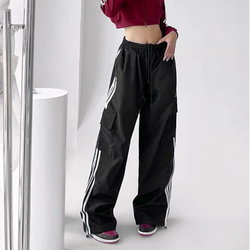 High Waist Drawstring Cargo Pant Wide Leg Joggers Trousers Striped Harajuku Baggy Parachute Pants Sweatpants Women Clothes Y2k