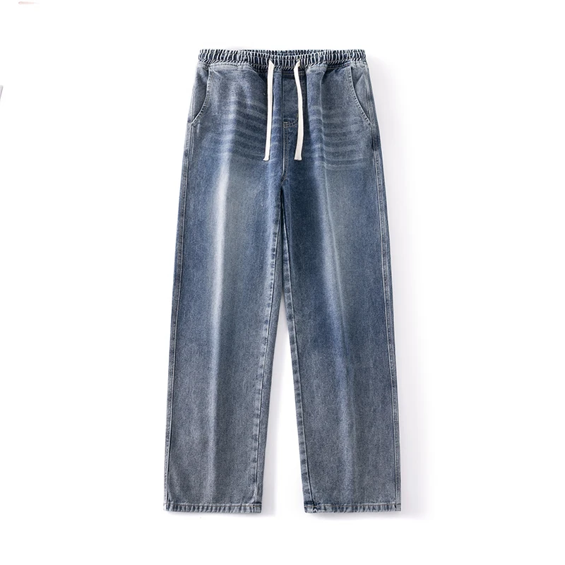 Men's Wide Leg Jeans Baggy New Fashion Oversized Elastic Waist Vintage Bleached Straight Denim Pants Trouser Male Streetwear