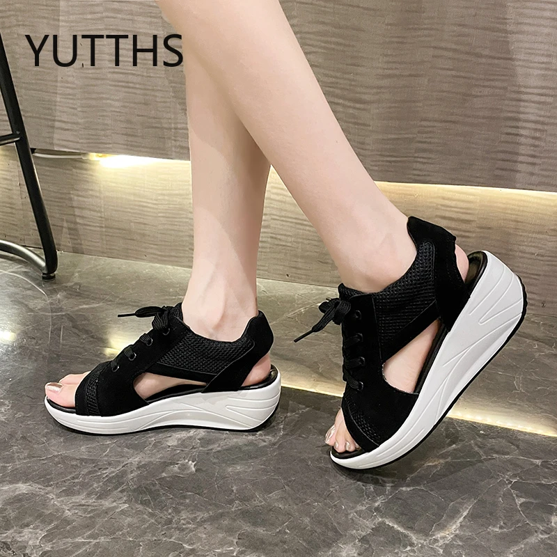 

2023 New Summer Korean Style Platform Peep Toe Women's Sandals Mesh Casual Party Non-slip Shoes Lace-up Wedges Sandalias Mujer