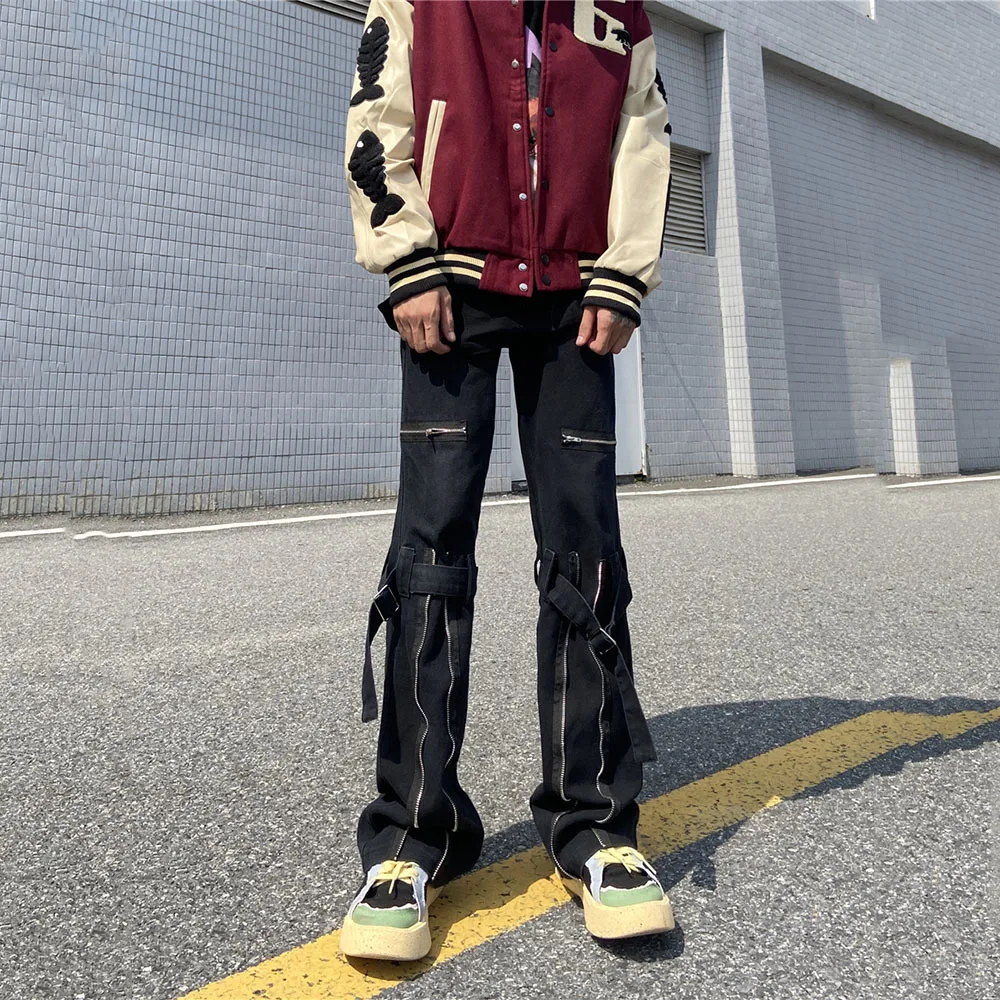 Emo Men Black Streetwear Gothic Straight Wide Leg Cargo Pants Y2K Alt Harajuku Baggy Trousers Low Rise Jeans Overalls Clothes