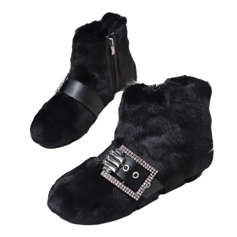 Женские зимние ботильоны на меху плоской подошве модные короткие плюшевые