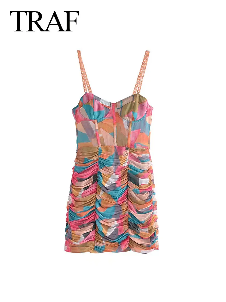 

TRAF ZA Fashion Womens Sleeveless Draped Mini Dress Vintage Print Backless Dress Back Zipper Slim Fit Female Beach Sexy Dresses