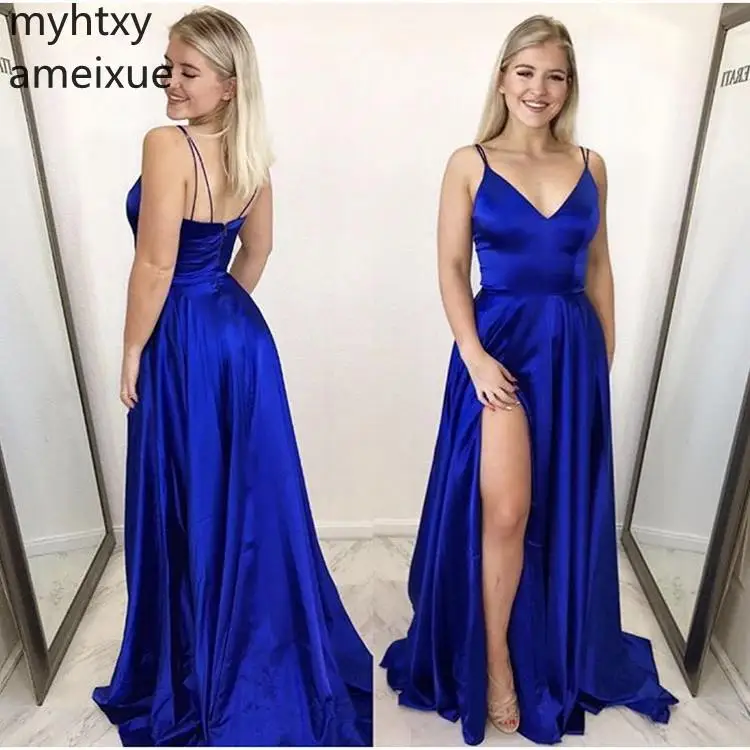 

Long Sexy Cheap Royal Blue V-neck Spaghetti Straps Silk Satin Evening Dress Robe De Soiree Hi Low Dress 2022