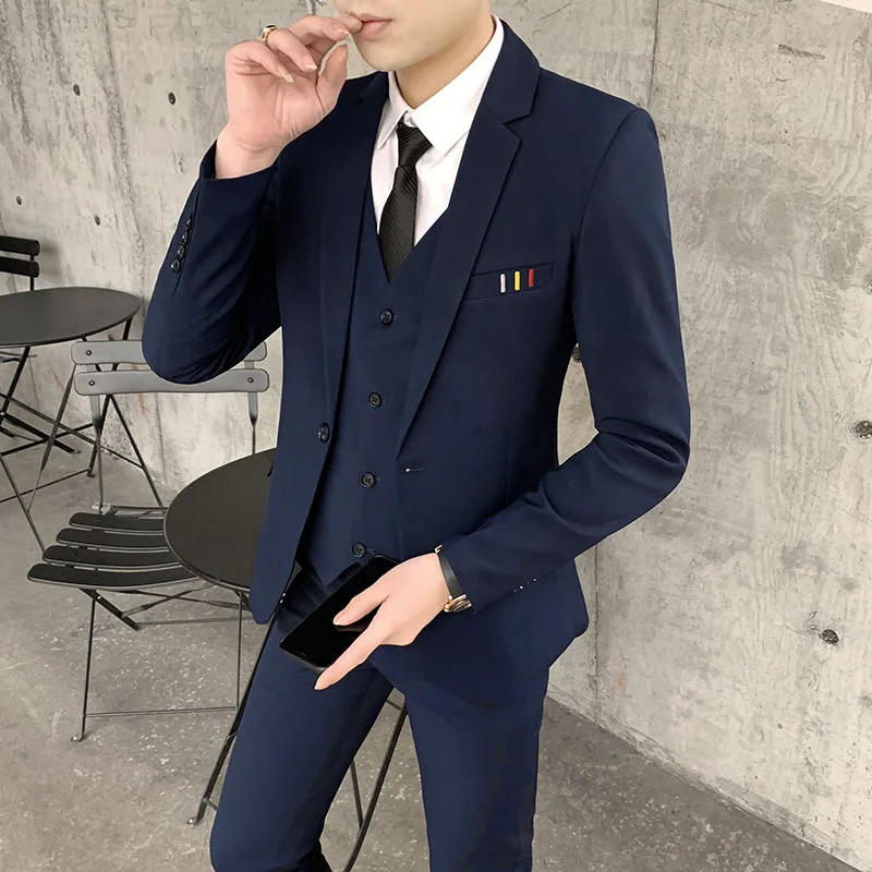 

Комплект из трех предметов, Блейзер, куртка, штаны, жилет, мода 2022, новинка, мужской повседневный бутик, деловой однотонный костюм для жениха,...