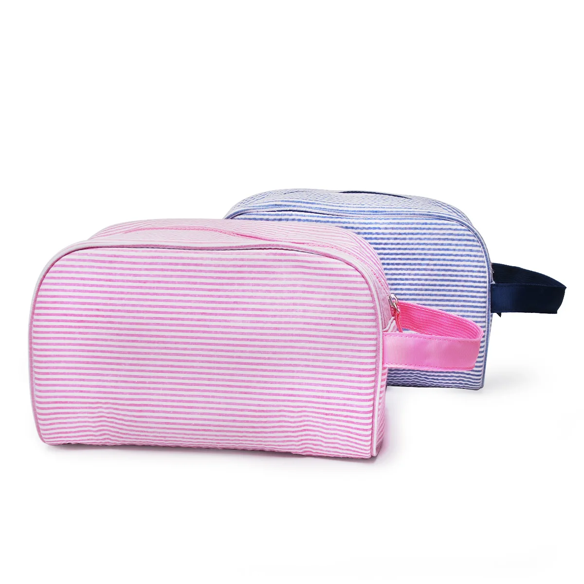 Seersucker Cosmetic Bag Women Monogrammed Striped Makeup Bag Ladies Fashion Simple Large Capacity Travel Toiletry Pouch Domil105