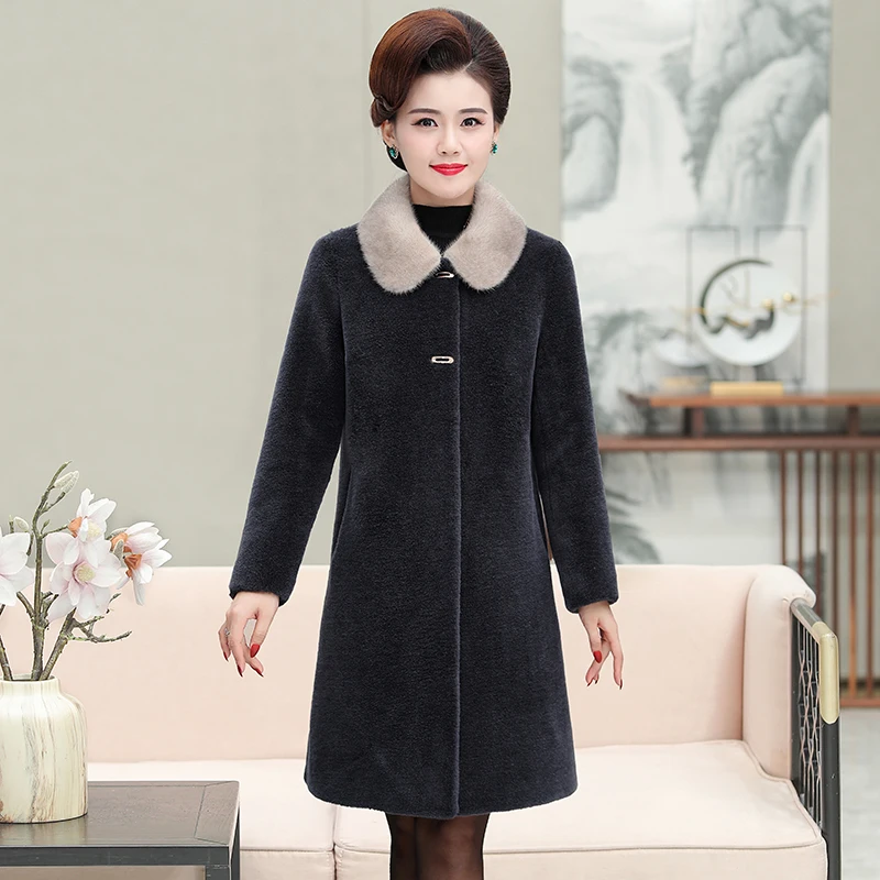 GOURS Winter Genuine Shearling Jacket Women Wool Real Fur Long Coat Natural Mink Fur Collar Thick Warm Soft New Plus Size LD1975