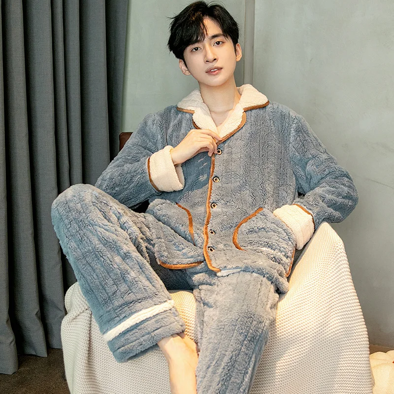 QUHENG Men Winter Pyjamas Suit Long Sleeve Autumn Thick Warm Flannel Pajama Sets for  Coral Velvet Cute Sleepwear Homewear