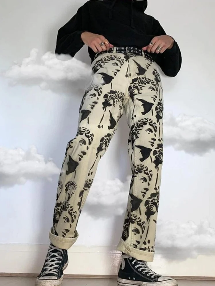 

High Street Statue Printed Jeans Loose Straight Men Denim Biker Casual Pants Hip Hop Harajuku Fashion Brand Street Jeans for Men