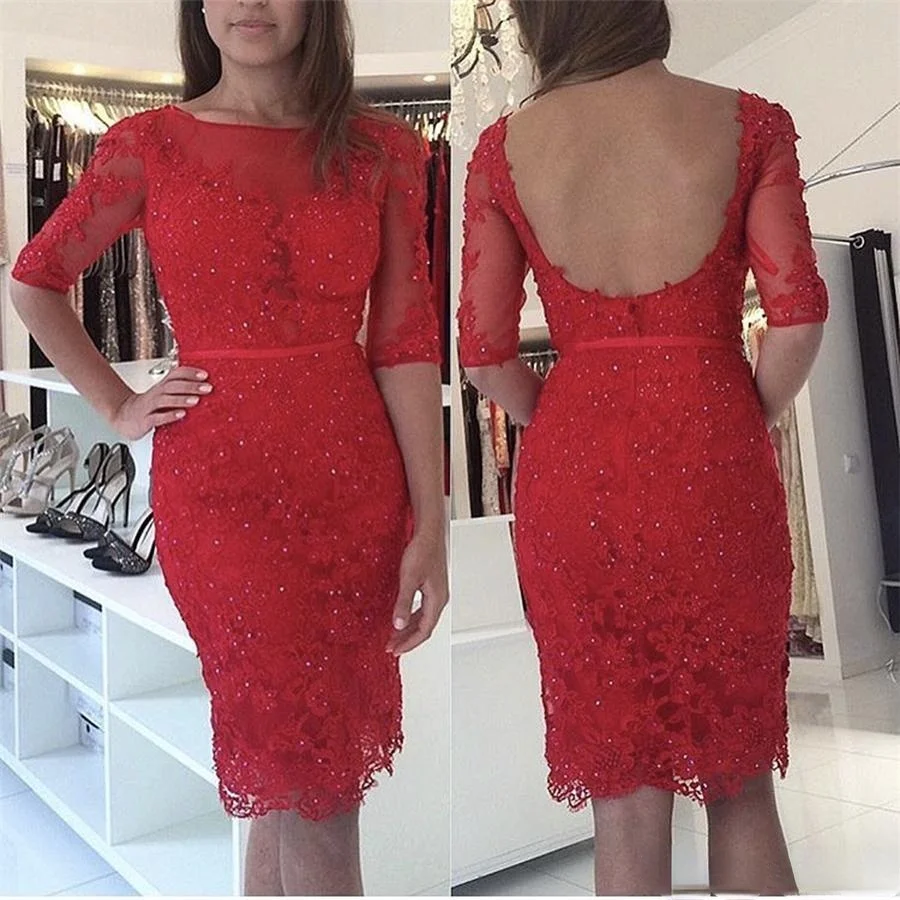 

Vintage Vestidos De Fiesta O Neck Evening Dress Appliqued Beaded Lace Half Sleeve Low Back Knee Length Prom Dresses