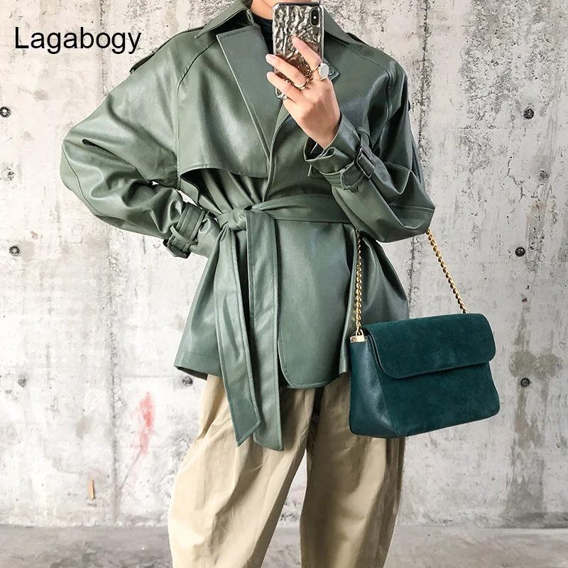 

2022 Autumn Faux Leather Jacket Casual Female Streetwear Outwear Women Spring PU Soft Leather Moto Biker Coat With Belt