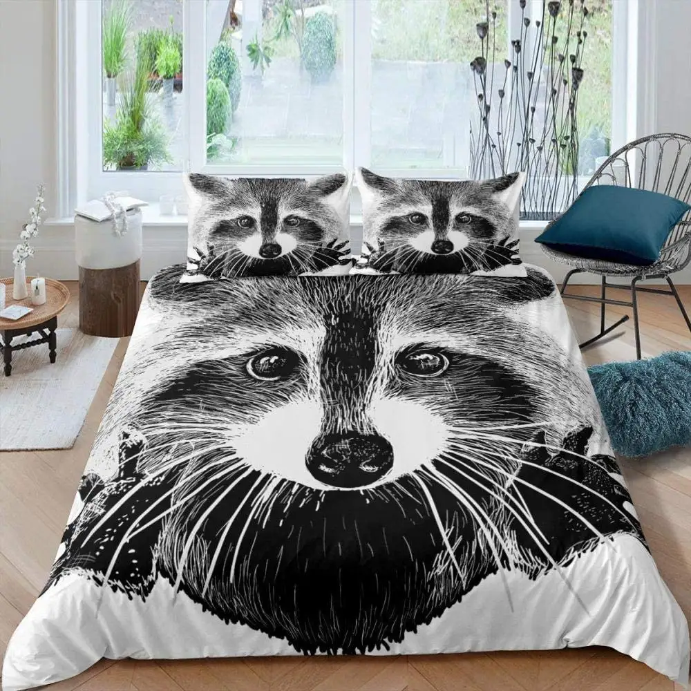 

Raccoon Duvet Cover Set Cute Animal Theme Bedding Set Nature Owl Comforter Cover Wildlife Style King Size Polyester Quilt Cover