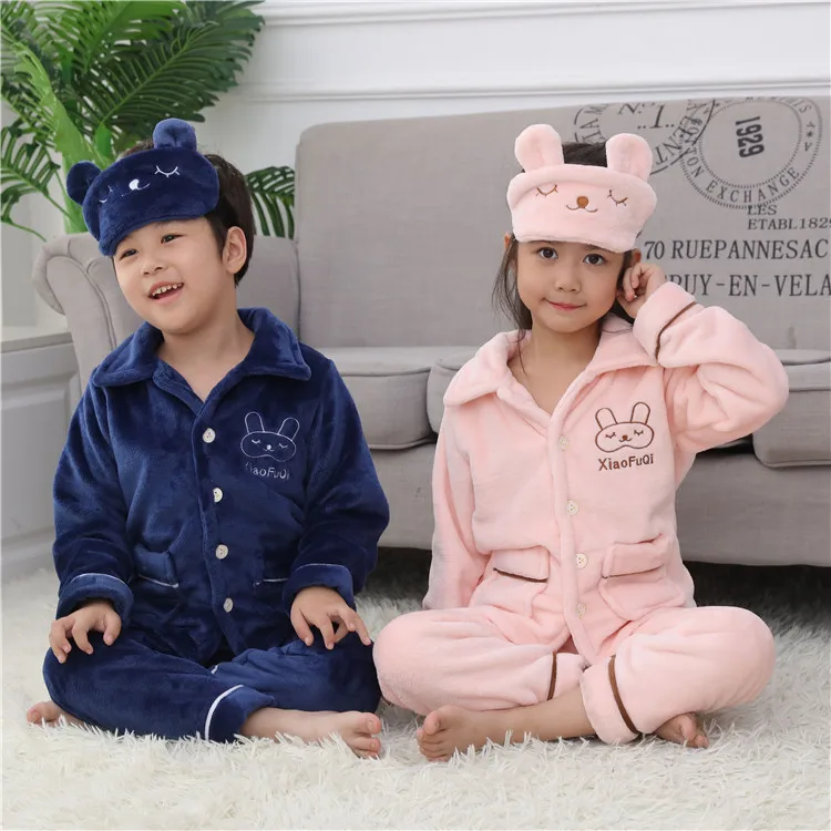 

Boys And Girls Flannel Homewear Solid Long Sleeve Homewear Children Spring Summer New Loose Casual Nightwear Pajamas