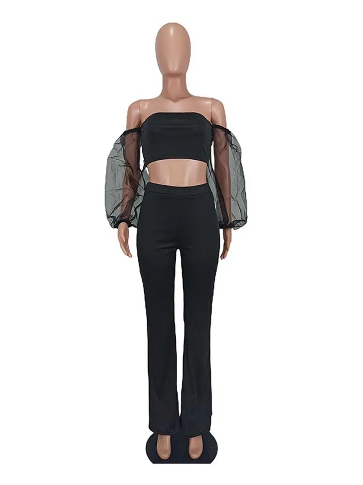 Шикарный и элегантный женский комплект брюк с открытыми плечами укороченный топ