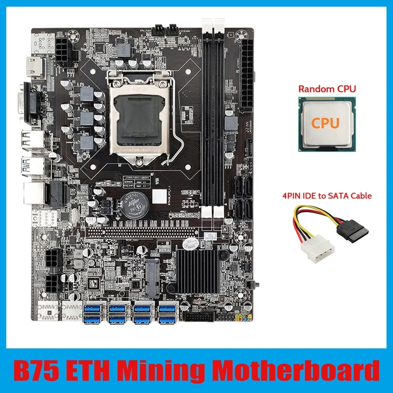 

B75 ETH Mining Motherboard 8XPCIE USB Adapter+CPU+4PIN IDE to SATA Cable LGA1155 MSATA B75 USB BTC Miner Motherboard