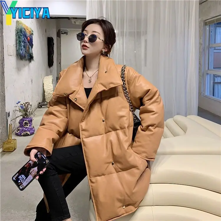 YICIYA Parkas Woman Winter 2023 Vintage Stand-collar Coverd-button Leather Jacket Puffer-coats Women Solid Trendy Leisure Simple