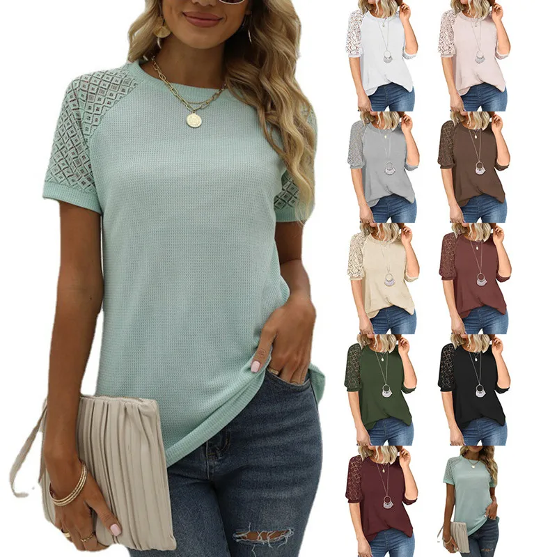 

2022 New Women's European and American Casual T-shirt Waffle Lace Stitching Round Neck Short-sleeved Top
