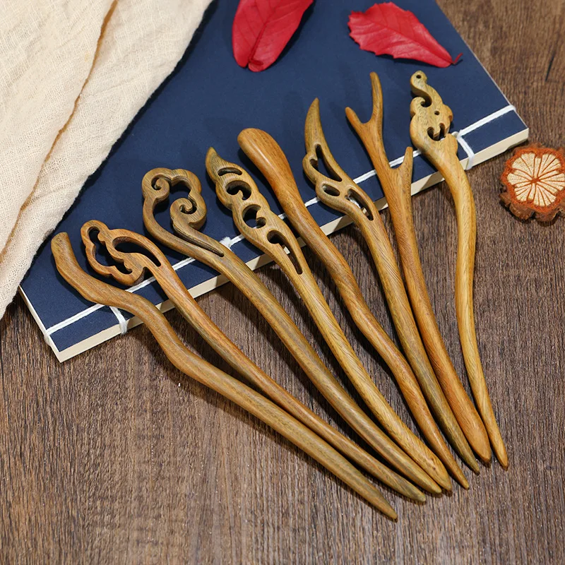 

1pcs Vintage Handmade Green Sandalwood Hairpin for Daily Hairpin Headwear, Simple Wooden Pan Hairpin for Hair Ornaments