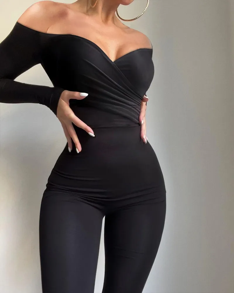 

Lace Skinny Jumpsuit Women Spring Summer Elegant Long Jumpsuit Black Slash Neck Mesh Elegant Sexy Party Night Evening Jumpsuit