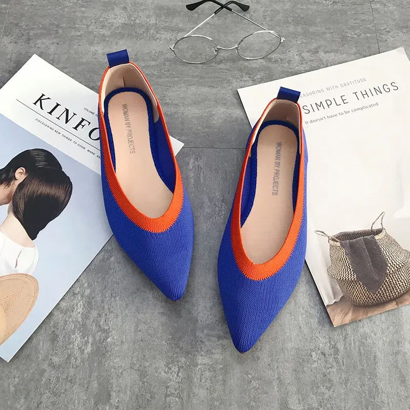 2022 Womens Stretch knitted mixed color moccasins breathable cozy work shoes brief slip-on fashion ladies flats light driving