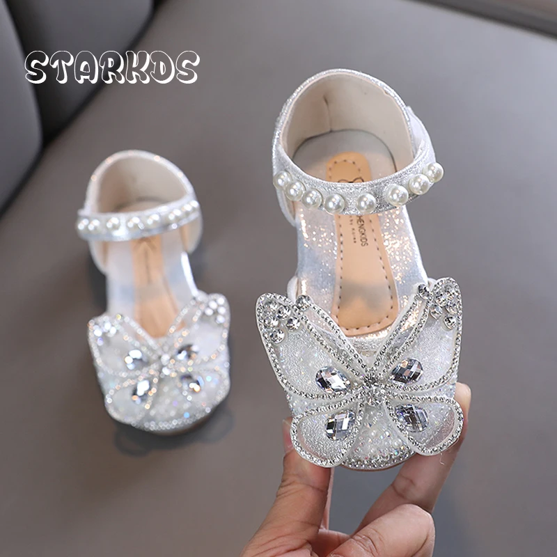 Enlarge Crystal Butterfly Girl Sandals 2022 Summer Upgrade Pearl Glitter Flower Princess Shoes Kids Sequin Lace Bow Dance Flat Sandalias