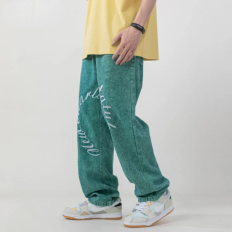 Four Seasons Men's Jeans High Street Vibe Style Retro Green Embroidered Jeans Hip Hop Loose Wide Leg Pants Ins Hot Sale JEANS