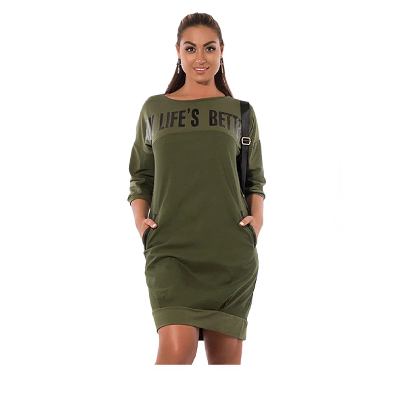 

2022 5Xl 6Xl Ladies Dress Casual Autumn Clothing Three Quarter Sleeve Letters Print Women Straight Dress Casual Mini Dress