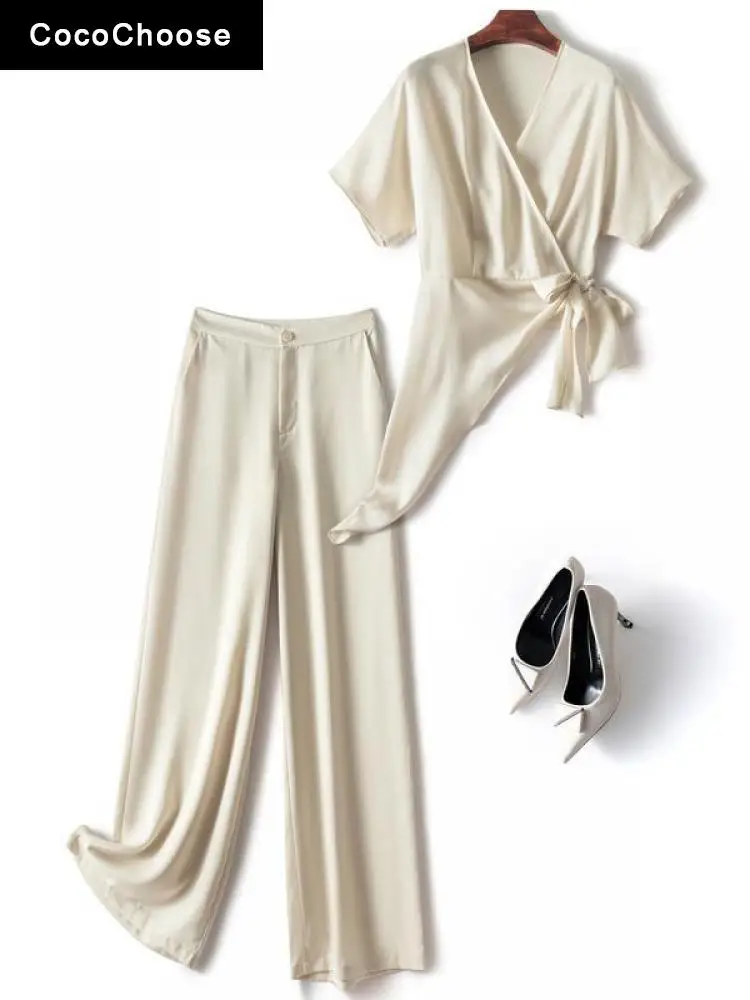 

Elegant Business Casual Satin Two Piece Sets Womens Outfits Summer 2022 V-neck Short Sleeve Bow Asymmetric Top and Pants Suit