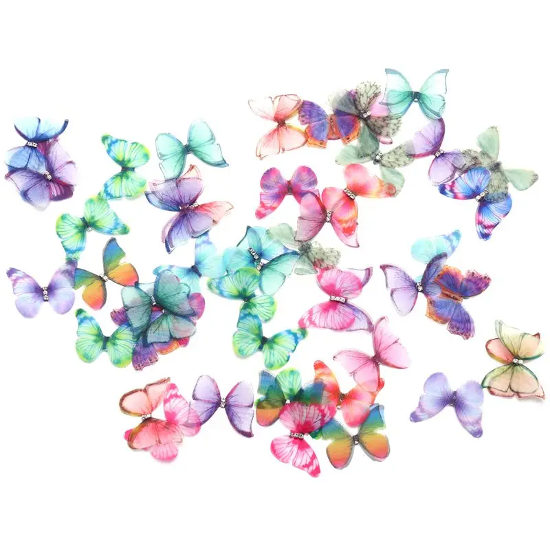 

JEYL 50 шт. градиентные цвета органза ткань бабочки Аппликации 38 мм полупрозрачная шифоновая Бабочка для декора вечеринки, куклы украшения