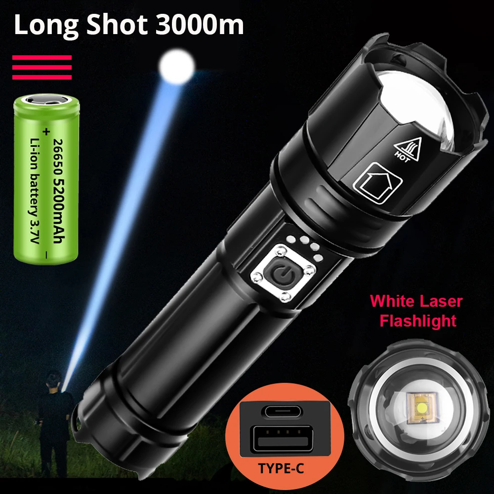 

3000 Meter Powerful White Led Flashlight Zoomable Torch Hard Light 100000LM Type-C Rechargeable 5200mAh 26650 Battery Lantern